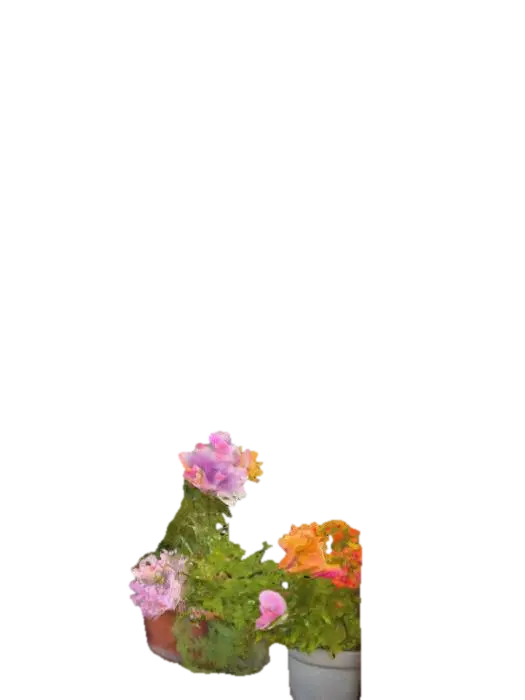 A rustic cottage window with view to a flower garden 3D-model, gegenereerd door AI