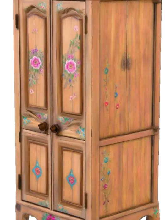 High resolution driftwood wardrobe with colourful hand painted embellishments , #PBR# 3D model, AI generated