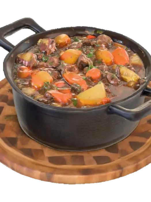 An old cast iron saucepan filled with stew - Kitchenware 3D model, vytvořený pomocí AI