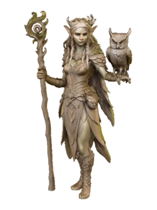Elven Druidess with Owl - Druid 3D model, vytvořený pomocí AI