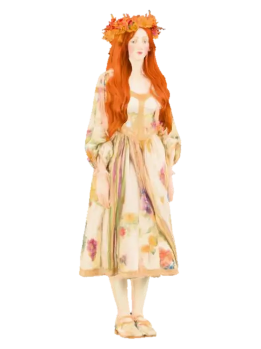 A Pre-Raphaelite maiden with a medieval brightly coloured floral dress, long auburn… 3D model, vytvořený pomocí AI