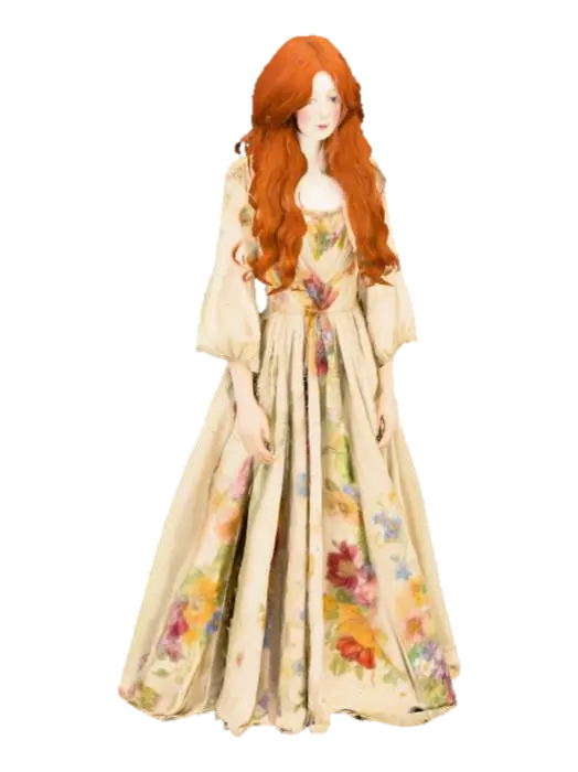 A Pre-Raphaelite maiden with a medieval brightly coloured floral dress, long auburn… 3D model, vytvořený pomocí AI