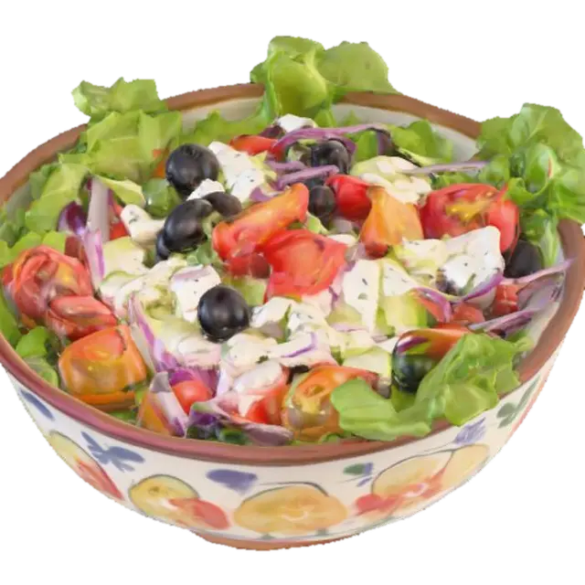 Greek salad in a hand painted ceramic bowl 3D model, vytvořený pomocí AI