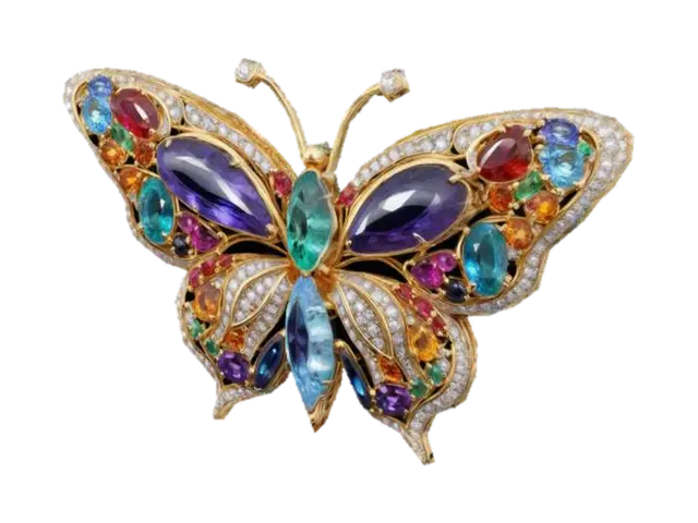 Butterfly badge made of sparkling jewels and silver. Brooch style. 3D model, vytvořený pomocí AI