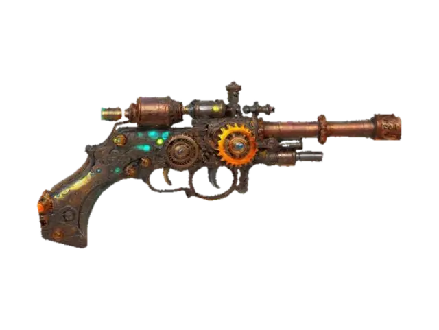 A steampunk spider gun, with cogs and gears, and a dinosaur bone handle, with… 3D model, vytvořený pomocí AI