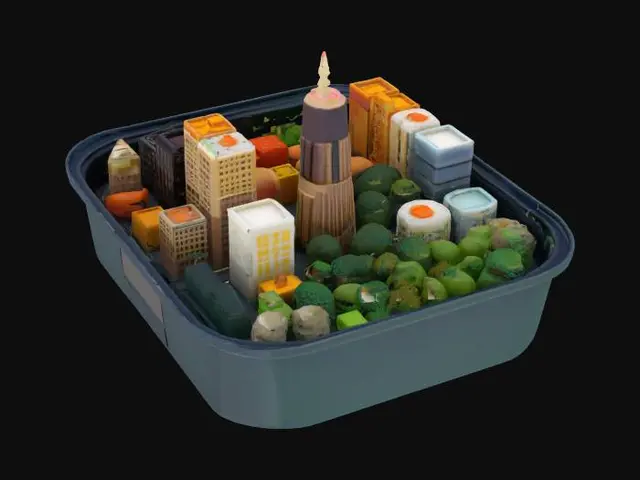 3D model for [Japan] A small bento box rebuilt as a miniature urban city grid with sculpted food buildings #AroundTheWworld#