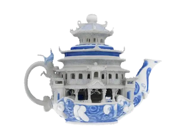 [China] A giant porcelain teapot carved like a temple, with blue and white patterns… - Spirits 3D model, vytvořený pomocí AI