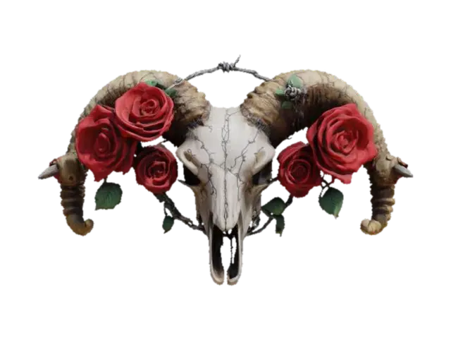 A ram skull emblem, with barbed wire frame which has intertwined roses, western… 3D model, vytvořený pomocí AI