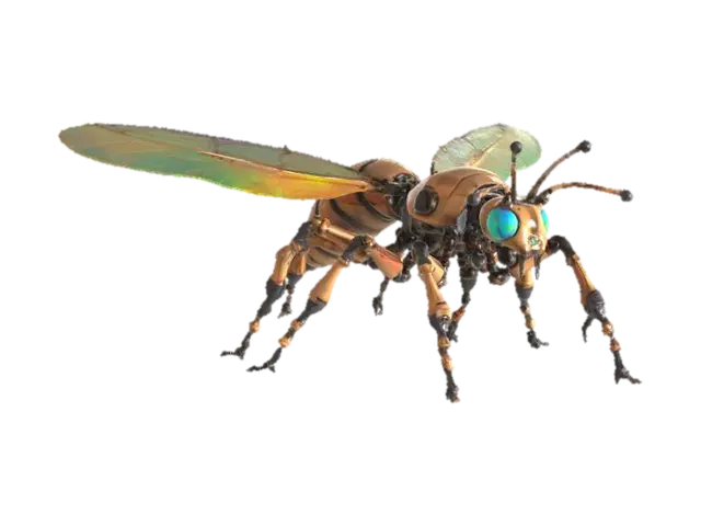 3D model for Hovering steampunk insect mech, bronze plating, articulated jointed legs, clockwork wings, iridescent glass orbs, retro‑tech meets biotech, solid form, game‑ready look