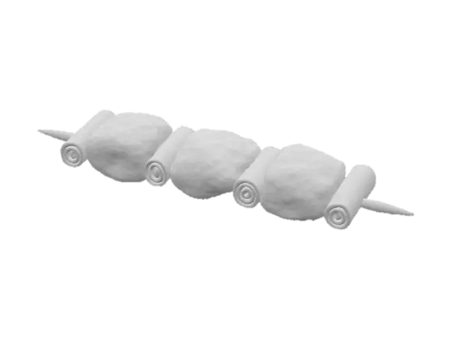 3D model for A glistening skewer of yakitori chicken, featuring three succulent cubes of marinated, char-grilled chicken thigh. The chicken pieces are a rich, caramelized brown, with visible grill marks and a slight sticky glaze from the tare sauce. Separating the chicken are bright green, slightly softened scallion pieces. The ingredients are impaled on a slender, pale wooden skewer, presenting a compact, savory stack., #food#
