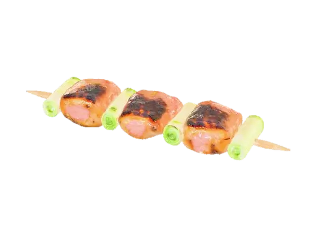 3D model for A glistening skewer of yakitori chicken, featuring three succulent cubes of marinated, char-grilled chicken thigh. The chicken pieces are a rich, caramelized brown, with visible grill marks and a slight sticky glaze from the tare sauce. Separating the chicken are bright green, slightly softened scallion pieces. The ingredients are impaled on a slender, pale wooden skewer, presenting a compact, savory stack., #food#