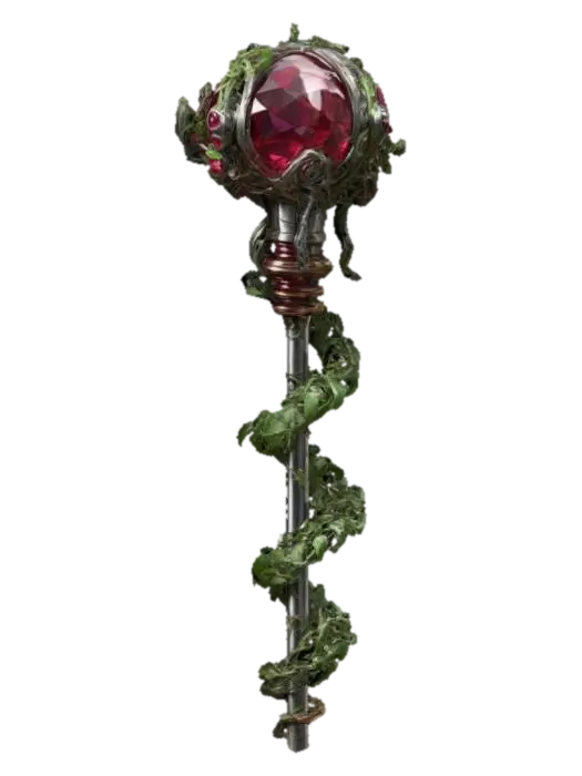 A metal engineer rod with, sci-fi inspired artifact, with green crawling vines… - Ruby 3D model, vytvořený pomocí AI