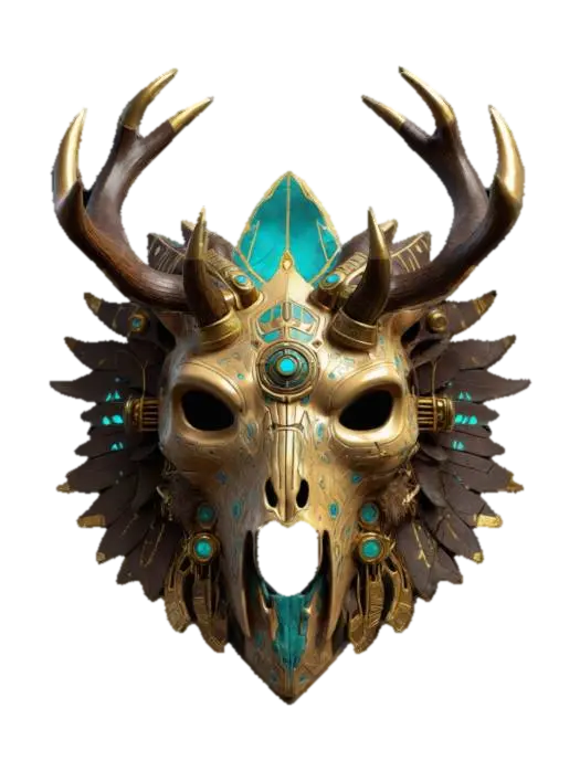 A magical shamans tribal mask with deer skull and antlers, it has liquid gold… - Shaman 3D model, vytvořený pomocí AI