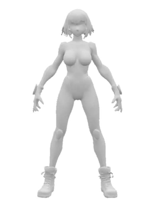 3D model for 
Anime girl with short hairstyle, in a sleek, skintight cybernetic suit, glowing circuitry across her limbs and spine, futuristic rainbow glowing highlights are visible on her suit. wearing combat boots, T.pose, arms at sides, spread apart, fingers clearly visible.  Foward facing. 
