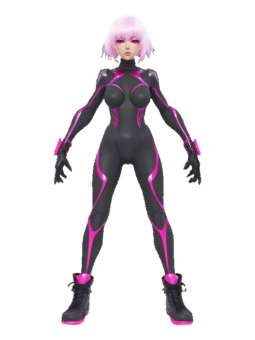 3D model for 
Anime girl with short hairstyle, in a sleek, skintight cybernetic suit, glowing circuitry across her limbs and spine, futuristic rainbow glowing highlights are visible on her suit. wearing combat boots, T.pose, arms at sides, spread apart, fingers clearly visible.  Foward facing. 