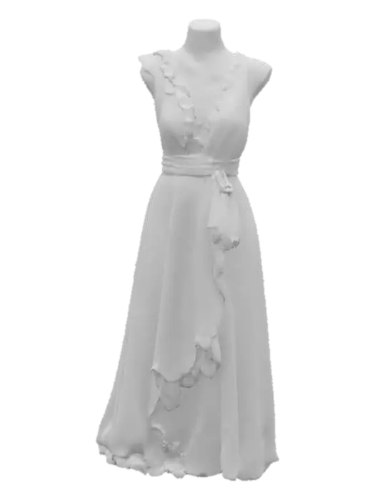 3D model for "Asymmetrical wrap dress with diagonal ruffle trim and metallic-thread fabric, shown at 60° angle, hemline visible."