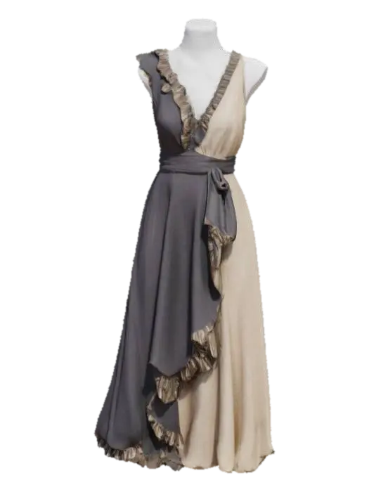3D model for "Asymmetrical wrap dress with diagonal ruffle trim and metallic-thread fabric, shown at 60° angle, hemline visible."