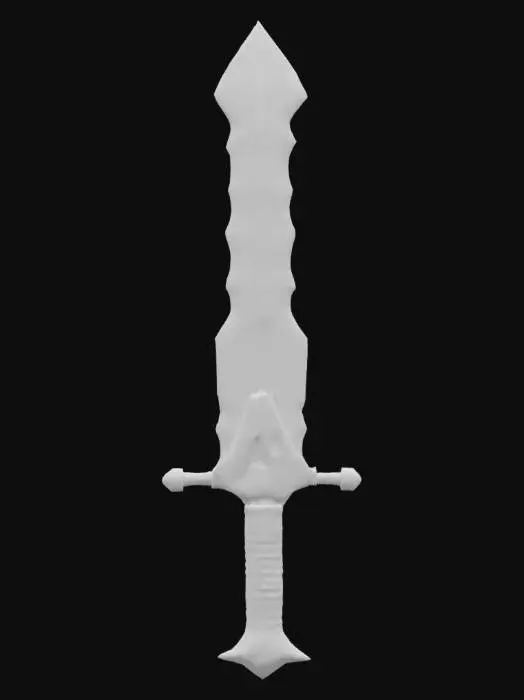 3D model for A brutal, heavy two-handed sword with a dark, obsidian-like blade that seems to absorb light, giving it a shadowy, menacing gleam. The edges are jagged and rough, hinting at immense cutting power. Its crossguard is a twisted mass of blackened, gnarled iron, and the grip is wrapped in coarse, dark dragonhide, providing a firm, almost abrasive feel.