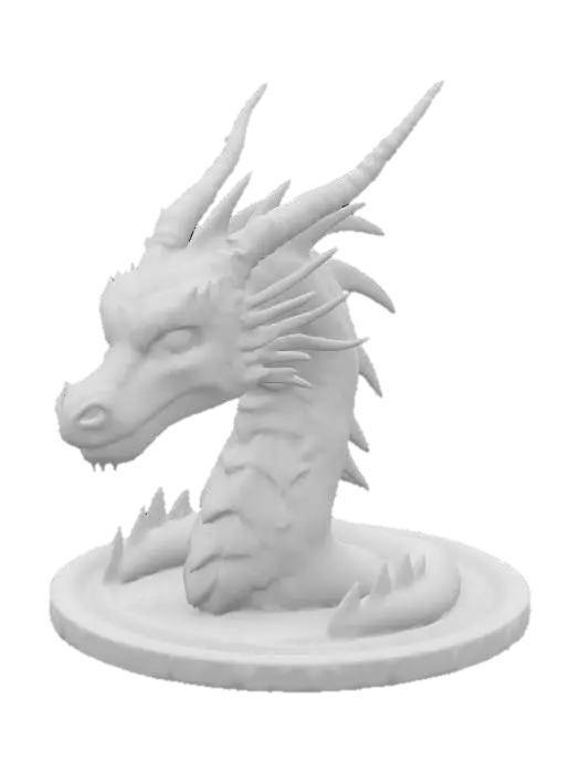 3D model for An aquatic dragon head bust made of liquid mercury, sleek mirrored scales in fluid motion, glowing sapphire eyes, elegant curved horns, ultra‑stylized fantasy creature