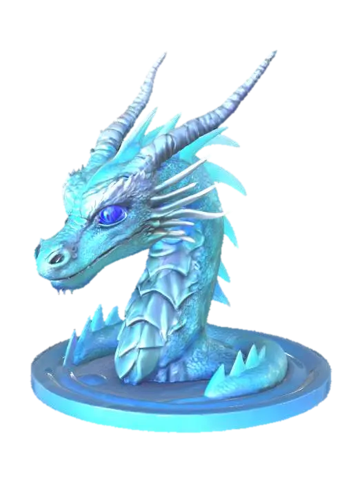 3D model for An aquatic dragon head bust made of liquid mercury, sleek mirrored scales in fluid motion, glowing sapphire eyes, elegant curved horns, ultra‑stylized fantasy creature
