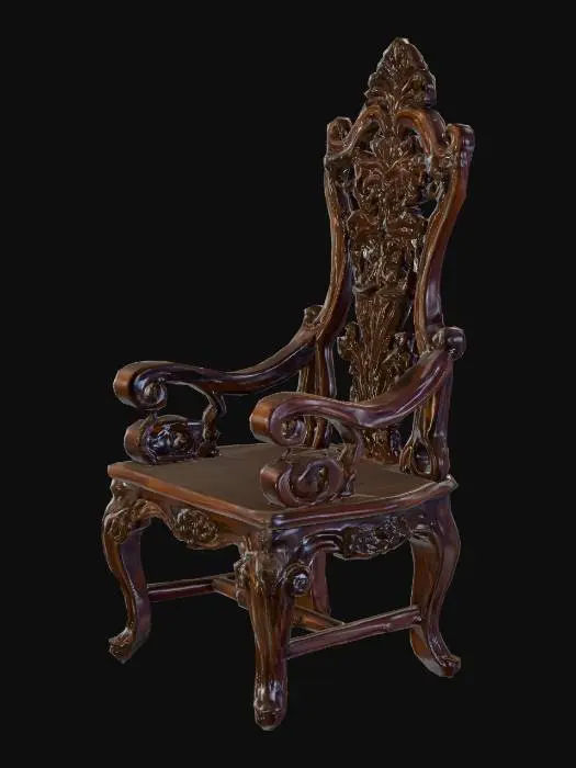 3D model for A carved wooden chair, polished and shiny, with intricate details.