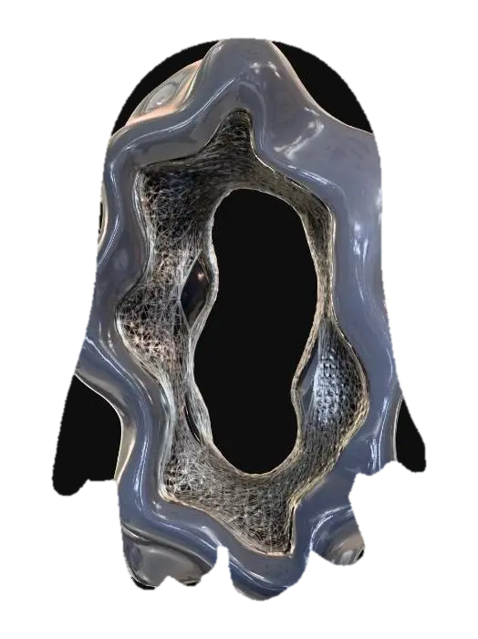3D model for This large-scale sculpture presents an intricate, abstract geometric form, subtly suggesting an open portal or an intertwined architectural archway. It is constructed from highly polished, obsidian-like black material, embedded with a dense network of thin, reflective silver threads that crisscross its many facets. This unique texture creates a striking contrast, offering a profound, deep shine that sparkles with geometric precision and reflects light as a sophisticated, glowing web.