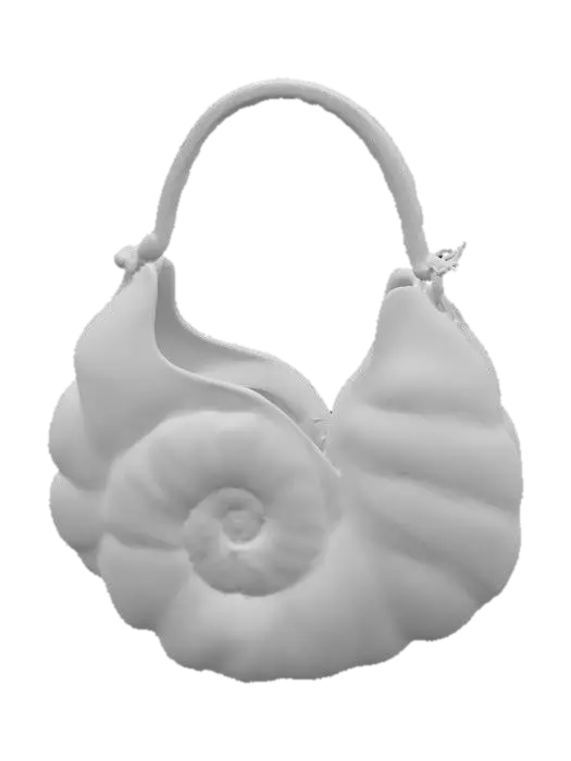 3D model for A luxurious, abstract handbag, shaped like a perfectly formed nautilus shell, but exaggerated in scale. It is crafted from individually hand-cut and polished panels of iridescent abalone shell, meticulously joined to form its spiraling structure. The surface is incredibly smooth and cool to the touch, with a profound, multi-hued mother-of-pearl shine that shifts from rose-pink to deep green with every angle, creating a captivating, natural luster.