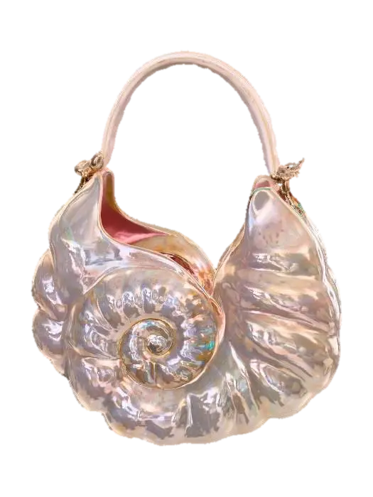 3D model for A luxurious, abstract handbag, shaped like a perfectly formed nautilus shell, but exaggerated in scale. It is crafted from individually hand-cut and polished panels of iridescent abalone shell, meticulously joined to form its spiraling structure. The surface is incredibly smooth and cool to the touch, with a profound, multi-hued mother-of-pearl shine that shifts from rose-pink to deep green with every angle, creating a captivating, natural luster.