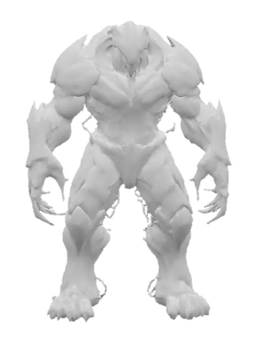 3D model for Ancient alien titan; towering, hulking posture; body made of cracked obsidian-like plates and twisted root-like structures; glowing orange core embedded in chest; molten light pulses from joints and clawed fingers; head is draconic and ridged, with no visible eyes; emits low vibration as it moves; born from the core of a dead world; radiates heat and ancient power; extremely detailed; high sharp resolution texture; hyperrealistic; epic stance