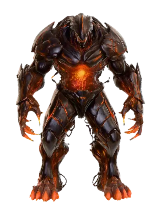 3D model for Ancient alien titan; towering, hulking posture; body made of cracked obsidian-like plates and twisted root-like structures; glowing orange core embedded in chest; molten light pulses from joints and clawed fingers; head is draconic and ridged, with no visible eyes; emits low vibration as it moves; born from the core of a dead world; radiates heat and ancient power; extremely detailed; high sharp resolution texture; hyperrealistic; epic stance