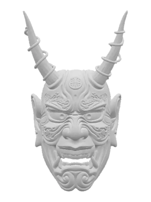 3D model for a japanese gods mask, hyper realistic, ancient, mythic, with horns Samurai, golden, godly aura, holy vibes,