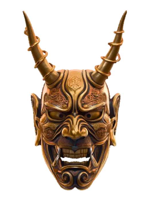 3D model for a japanese gods mask, hyper realistic, ancient, mythic, with horns Samurai, golden, godly aura, holy vibes,
