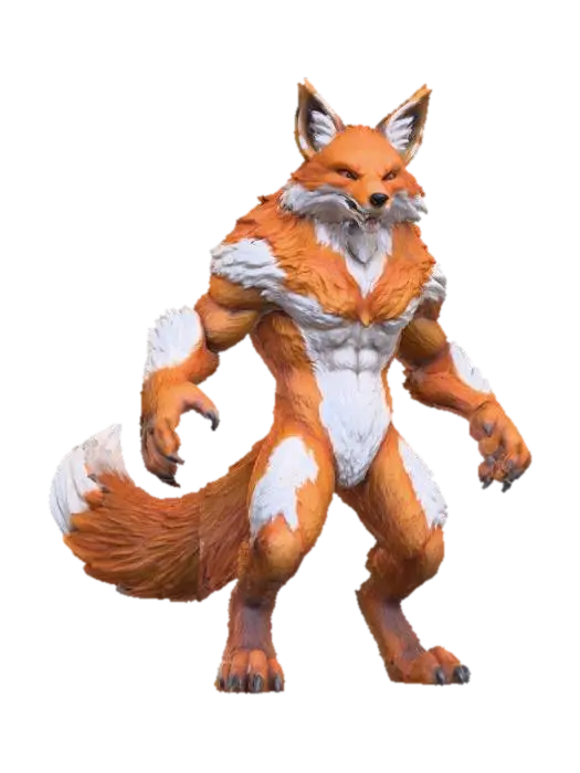 3D model for A furry fox villain character, orange and white fur, with scary evil eyes , T-pose #villain#