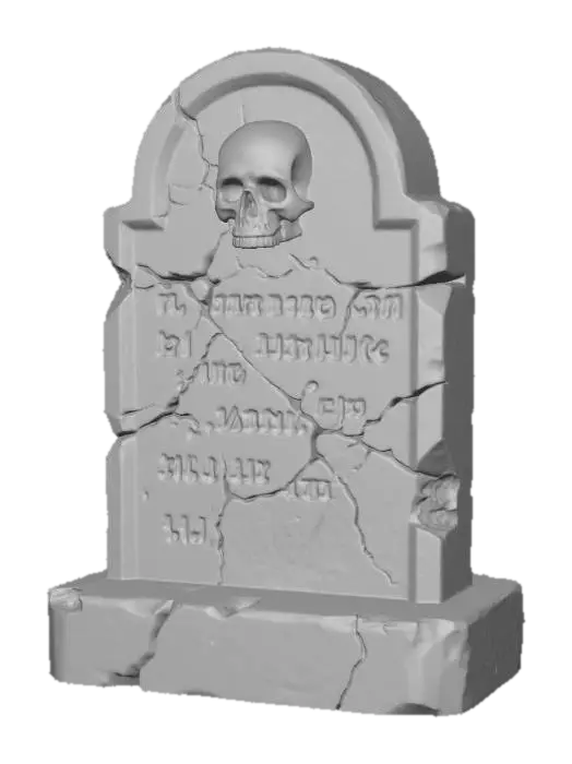 3D model for An ancient, weather-beaten gravestone stands upright, crafted from dark gray, coarse-grained stone. Its surface is heavily eroded and cracked, displaying patches of moss and faint, almost illegible carved text or a skull emblem. The edges are chipped and irregular, giving it a rough, crumbling texture. The top is rounded, and the base is wider, suggesting it's partially sunken into unseen ground, conveying a sense of age.