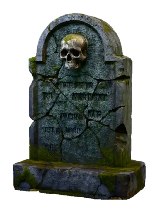 3D model for An ancient, weather-beaten gravestone stands upright, crafted from dark gray, coarse-grained stone. Its surface is heavily eroded and cracked, displaying patches of moss and faint, almost illegible carved text or a skull emblem. The edges are chipped and irregular, giving it a rough, crumbling texture. The top is rounded, and the base is wider, suggesting it's partially sunken into unseen ground, conveying a sense of age.