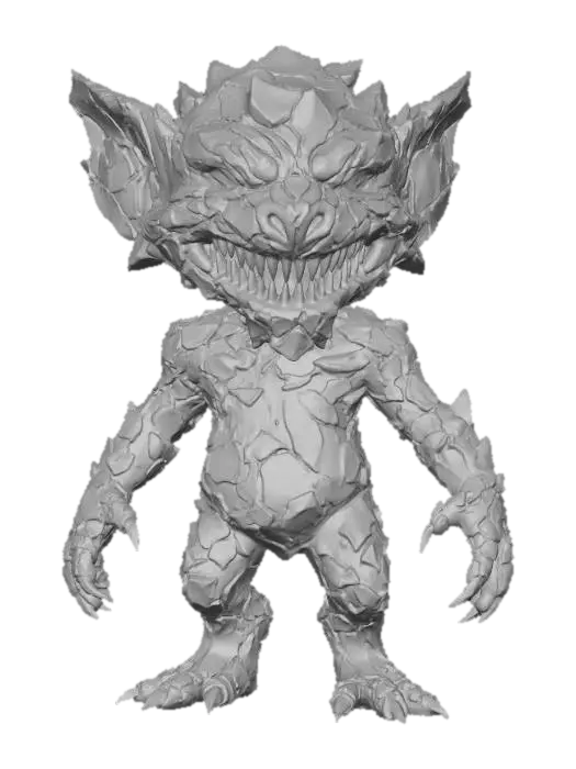 3D model for A "Volcanic Glass Imp" creature: a small, mischievous imp-like figure, its body composed entirely of sharp, dark volcanic glass. Within its translucent form, veins of glowing, molten gold and silver constantly shift and pulse with an intense internal light, giving it a fiery, dangerous beauty that subverts traditional impish designs with raw elemental power. #Halloween2025#