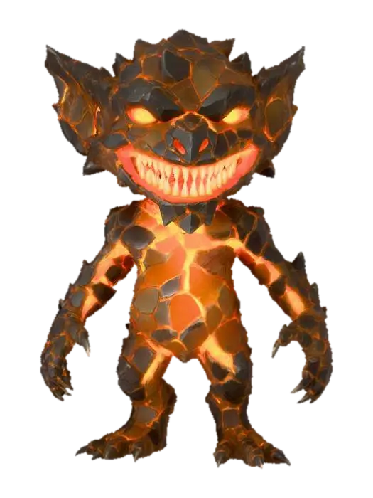 3D model for A "Volcanic Glass Imp" creature: a small, mischievous imp-like figure, its body composed entirely of sharp, dark volcanic glass. Within its translucent form, veins of glowing, molten gold and silver constantly shift and pulse with an intense internal light, giving it a fiery, dangerous beauty that subverts traditional impish designs with raw elemental power. #Halloween2025#