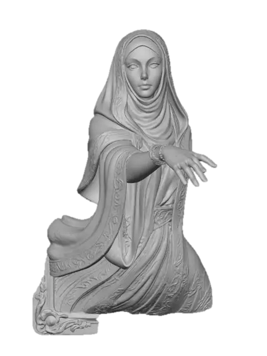 3D model for A stunning 3D portrayal of The High Priestess, her veiled arm and mysterious gaze emerging from a framed 2D Symbolist Tarot card. The card background depicts cosmic twilight in deep indigo and violet hues. Her porcelain-like skin and silk-textured robes, accented with shiny silver moon imagery and gold trim, seamlessly transition from the vivid, painterly card art into a striking 3D sculpture.