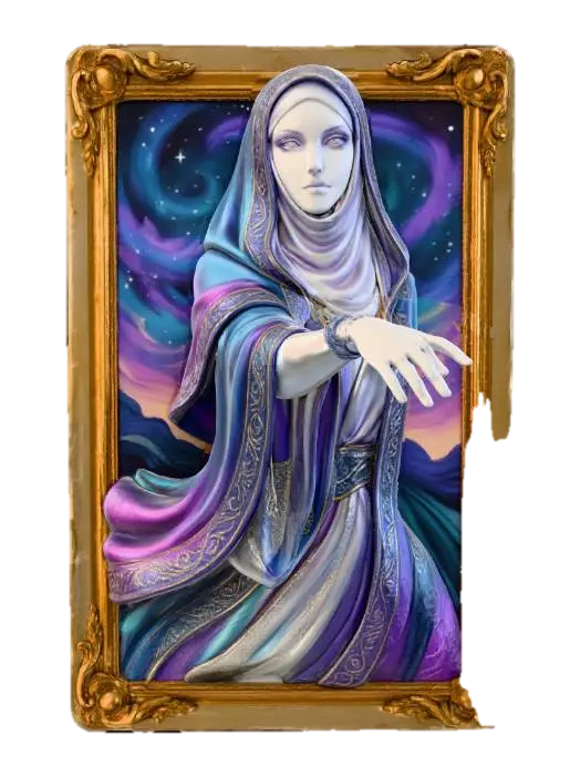3D model for A stunning 3D portrayal of The High Priestess, her veiled arm and mysterious gaze emerging from a framed 2D Symbolist Tarot card. The card background depicts cosmic twilight in deep indigo and violet hues. Her porcelain-like skin and silk-textured robes, accented with shiny silver moon imagery and gold trim, seamlessly transition from the vivid, painterly card art into a striking 3D sculpture.