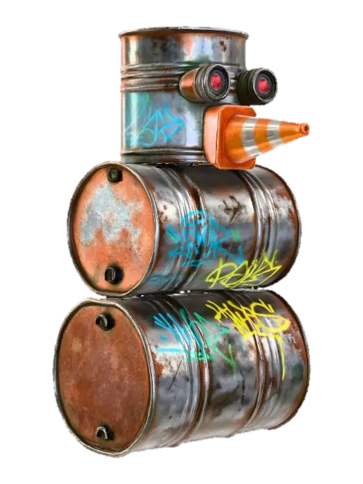 A cyberpunk snowman, crudely constructed from three rusted, dented oil barrels of… - Carrot 3D model, vytvořený pomocí AI