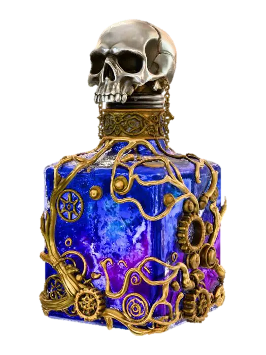 alchemists potion with metal details, skull lid, square shaped, swirling iridescent… 3D model, vytvořený pomocí AI