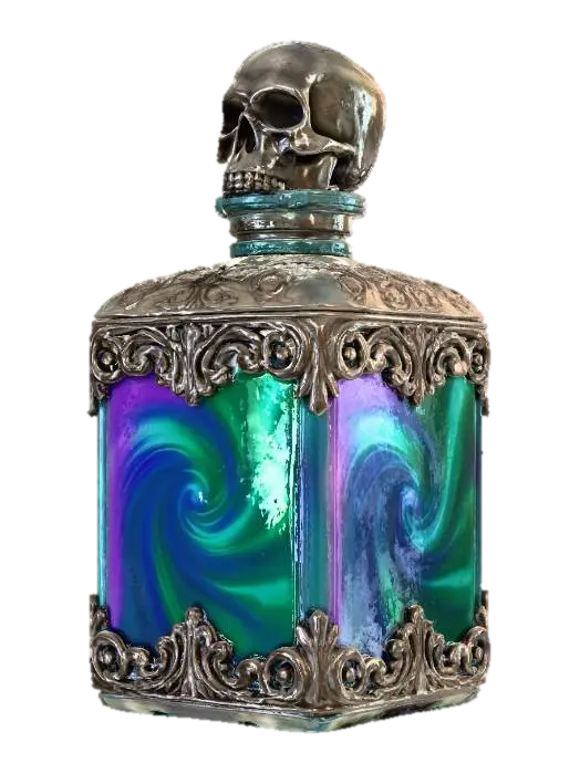 alchemists potion with metal details, skull lid, square shaped, swirling iridescent colors - Bottle 3D model, AI generated