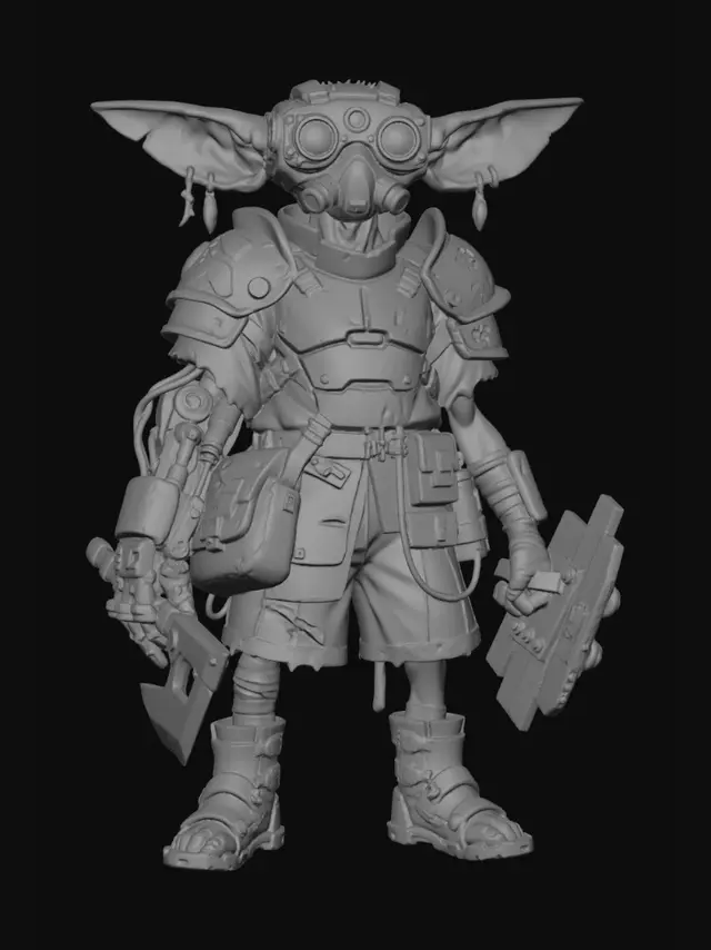 3D model for Please make the following changes:

1. Remove the holograms and the equipment
2. Change him to A-pose
3. Make his outfit a bit more colourful
4. Change his skin to green
5. Add some armoured shoulder pads