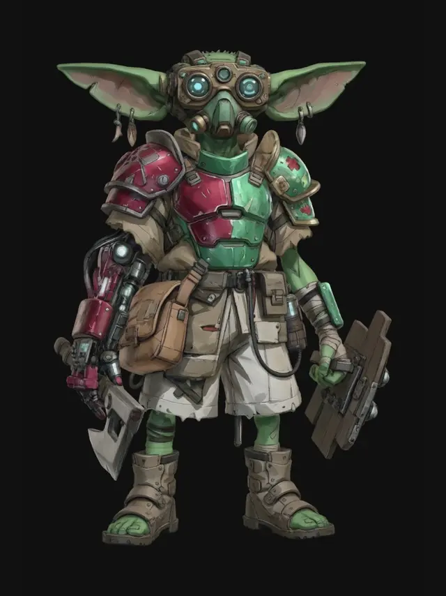 3D model for Please make the following changes:

1. Remove the holograms and the equipment
2. Change him to A-pose
3. Make his outfit a bit more colourful
4. Change his skin to green
5. Add some armoured shoulder pads