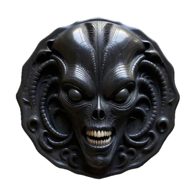 H.R. Giger inspired wall carving with an alien face and raised carved patterns… 3D model, vytvořený pomocí AI