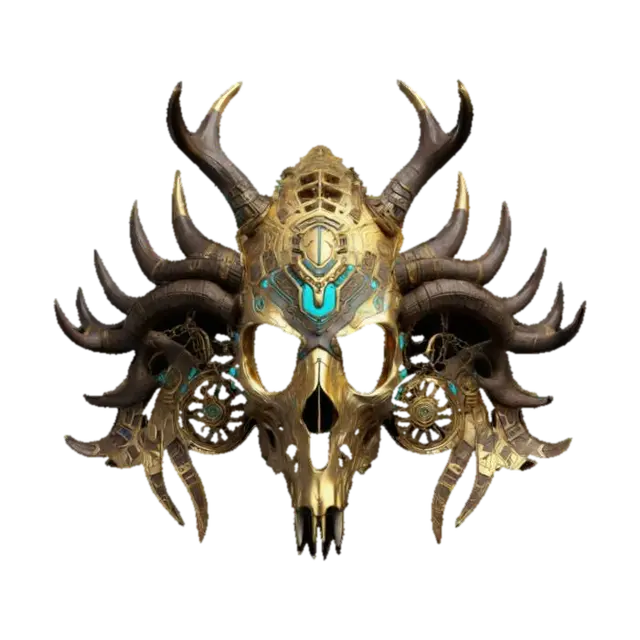 A magical shamans tribal mask with deer skull and antlers, it has liquid gold… - Shaman 3D model, vytvořený pomocí AI