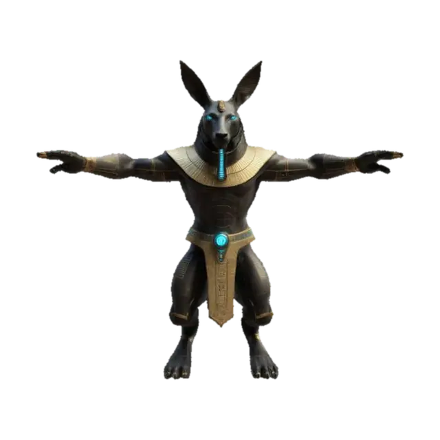 3D model for An ancient Egyptian Anubis with futuristic cybernetic features, T-Pose Character. , #ChronoForgeWeapon#