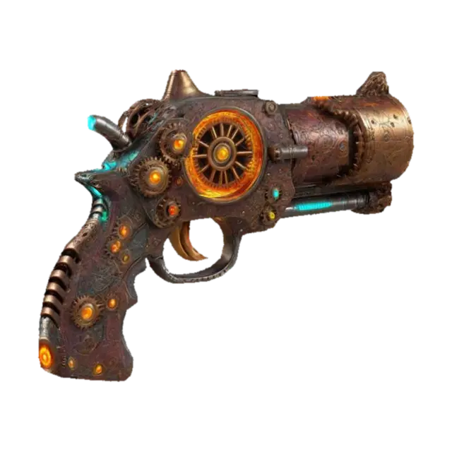 A steampunk spider gun, with cogs and gears, and a dinosaur bone handle, with… 3D model, vytvořený pomocí AI