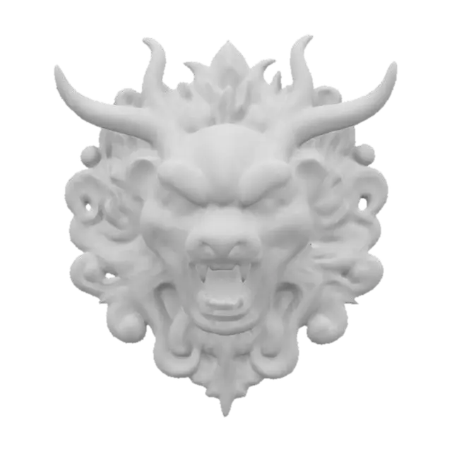 3D model for A carved wooden Dragon head wooden wall relief, with Gold painted features, in traditional Japanese style. 