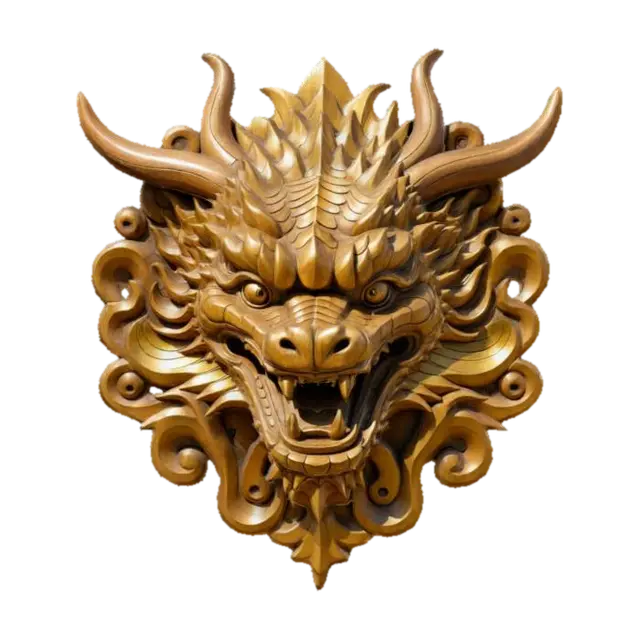3D model for A carved wooden Dragon head wooden wall relief, with Gold painted features, in traditional Japanese style. 